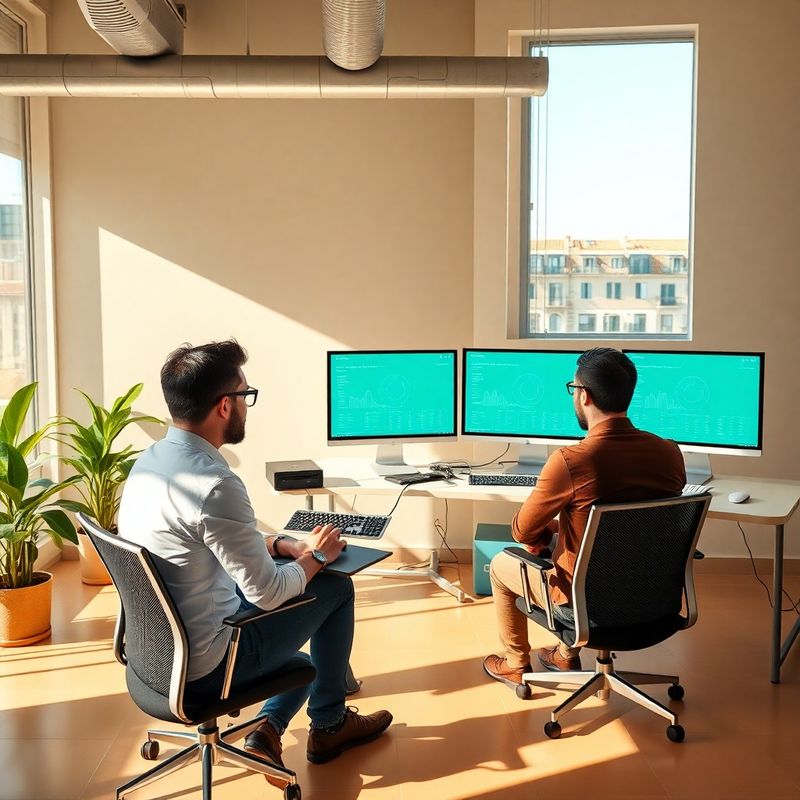 Equipo pequeño de desarrollo en una oficina luminosa de Valencia con monitores mostrando dashboards teal