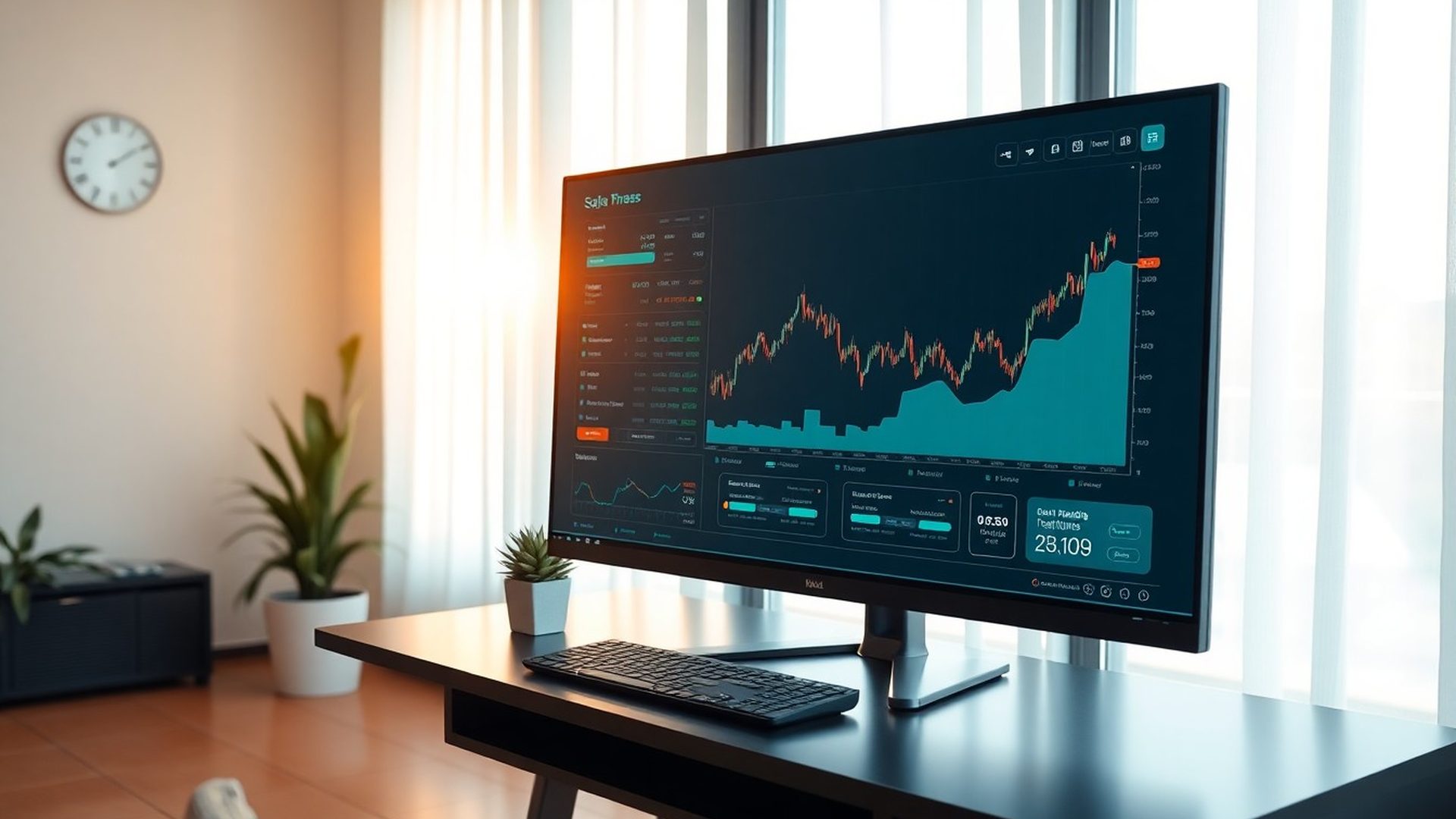 Panel de trading en tono teal con gráficos de velas y métricas en tiempo real